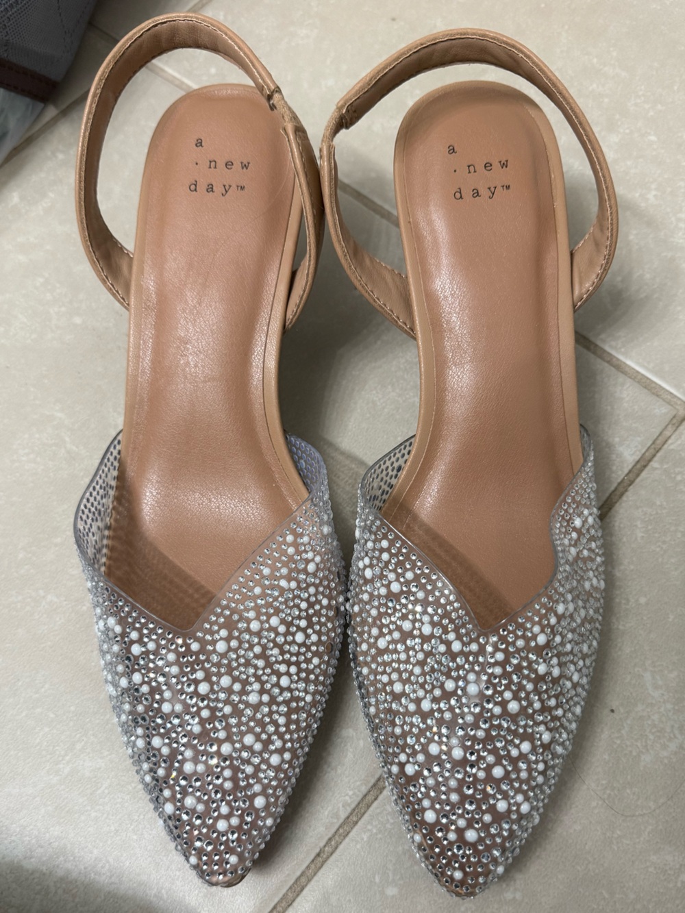 a new day Pearl & Rhinestone Pointed Toe Slingback Mules in Nude